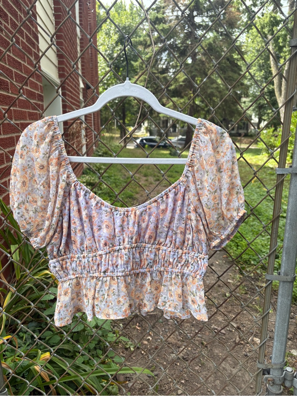 Altar'd State Cream Floral Puff-Sleeve Peplum Crop Top